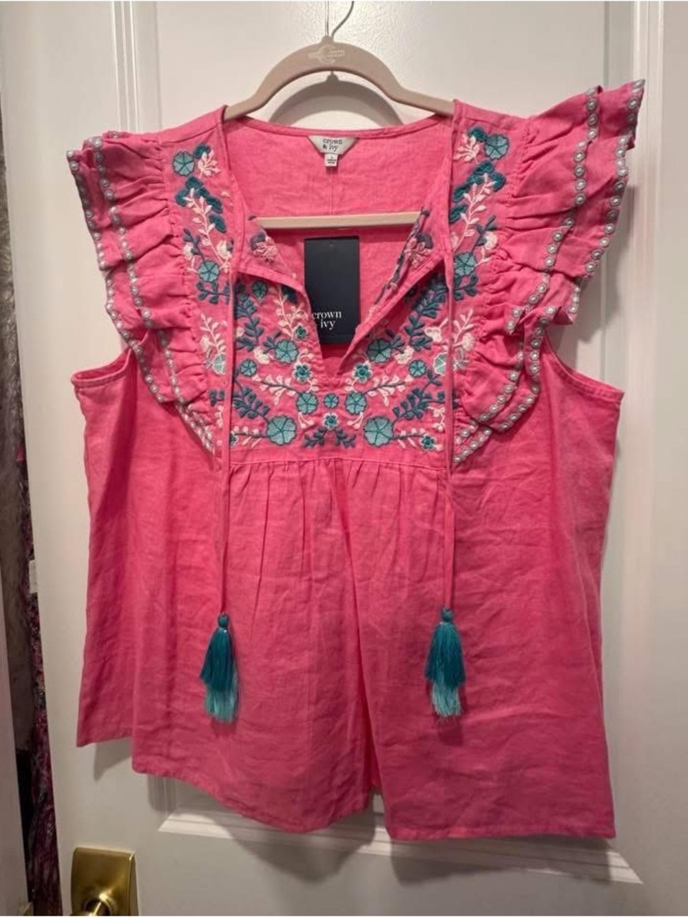 crown & ivy Pink Embroidered Tassel Ruffle Camisole
